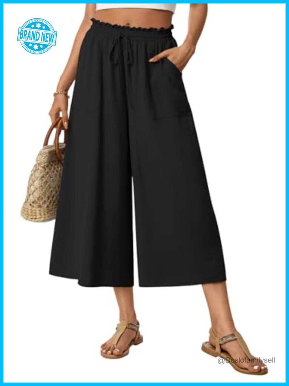 Womens Wide Leg Capri Palazzo Pants High Waist Gaucho Culottes with Pockets